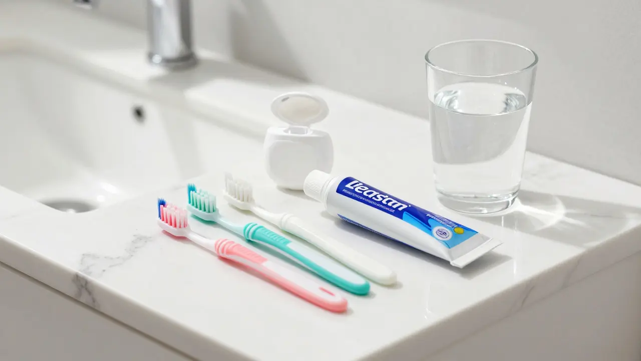 Sada pomůcek pro dentální hygienu, včetně mezmezních kartáčků.