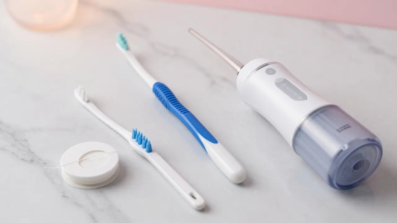 Sada pomůcek pro mezizubní čištění: nit, mezizubní kartáček a irigátor.