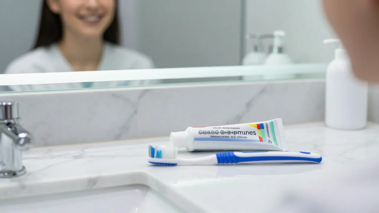 Sada pro dentální hygienu a odraz osoby s diskrétními stříbrnými rovnátky.