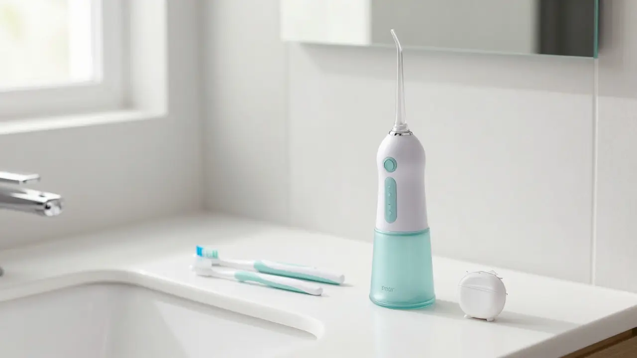 Sada pro hygienu zubů včetně elektrického kartáčku a irigátoru v koupelně.