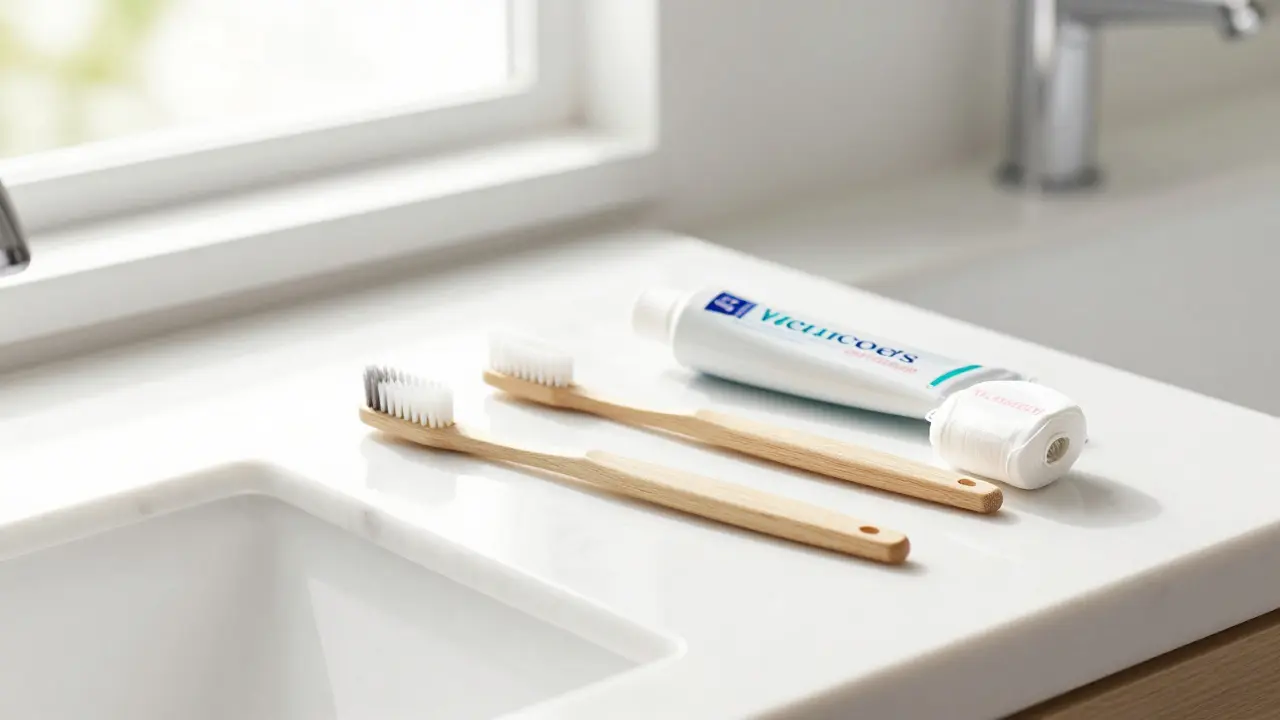 Sada pro jemnou péči o chrup s kartáčkem a nití na mramorové desce v koupelně.