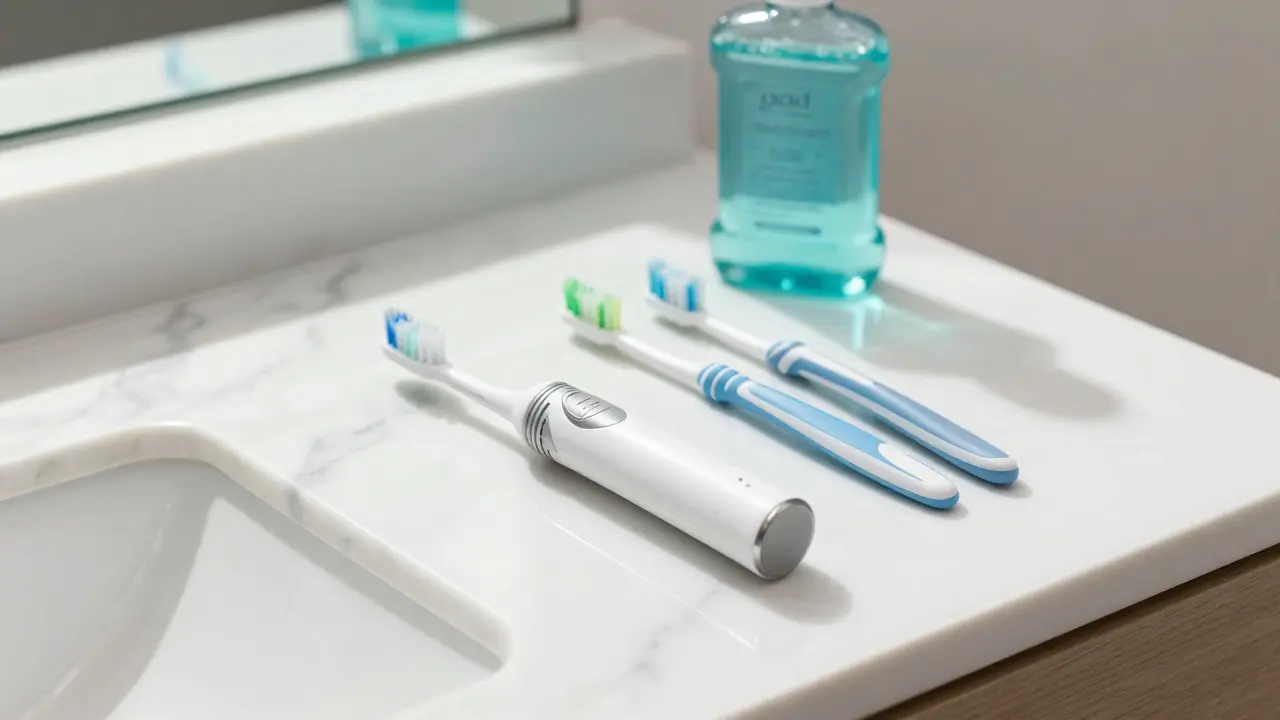 Sada pro kompletní péči o zuby: sonický kartáček a mezizubní pomůcky.