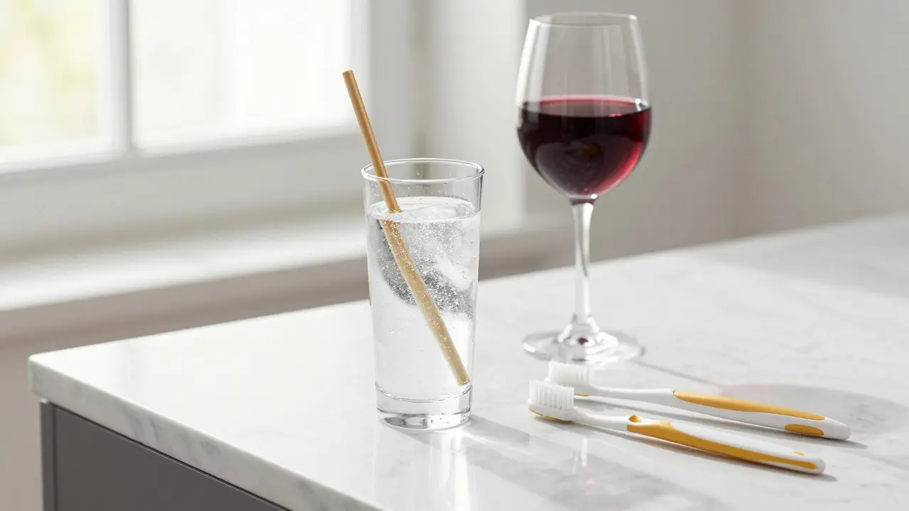 Sada pro péči o zuby, sklenice vody s brčkou a sklenice červeného vína na mramorovém stole.