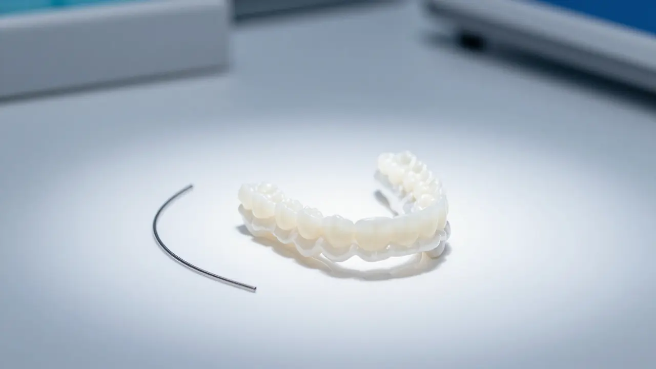 Sada průhledných keramických závěsů a ortodontického drátu na bílém podkladu.