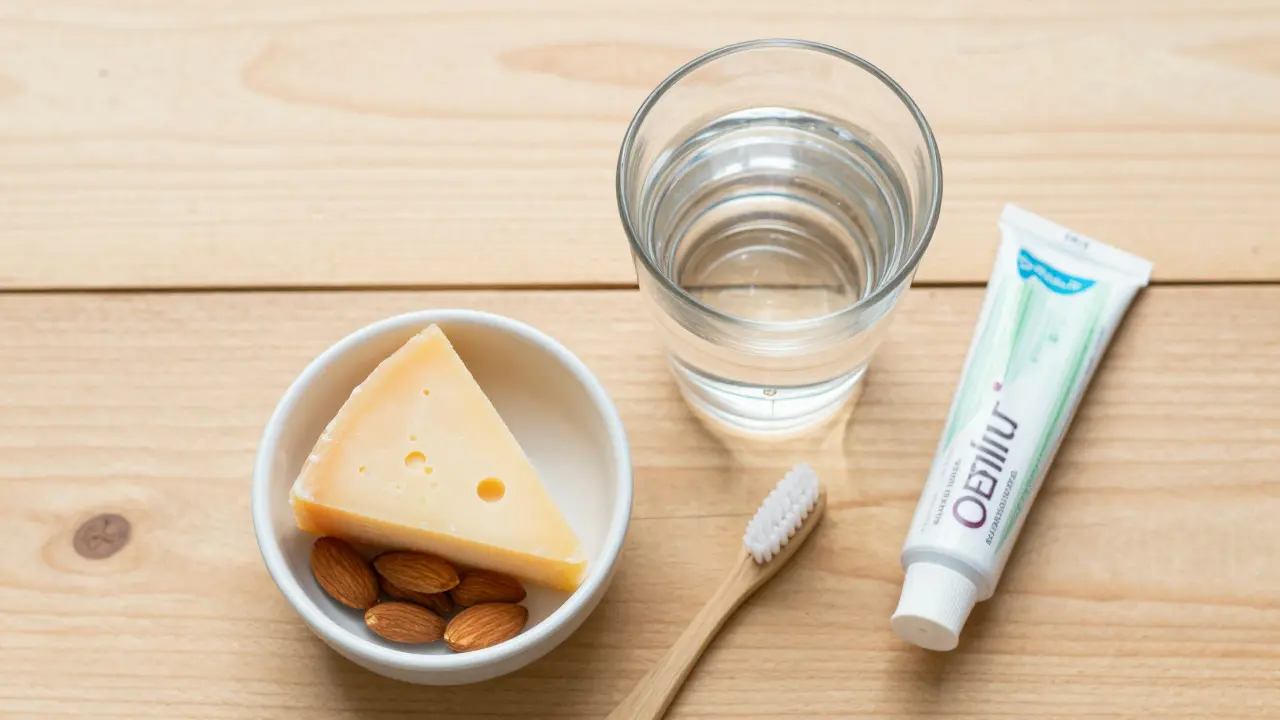 Sklenice vody, tvrdé sýry a mandle vedle zubního kartáčku na dřevěném stole.
