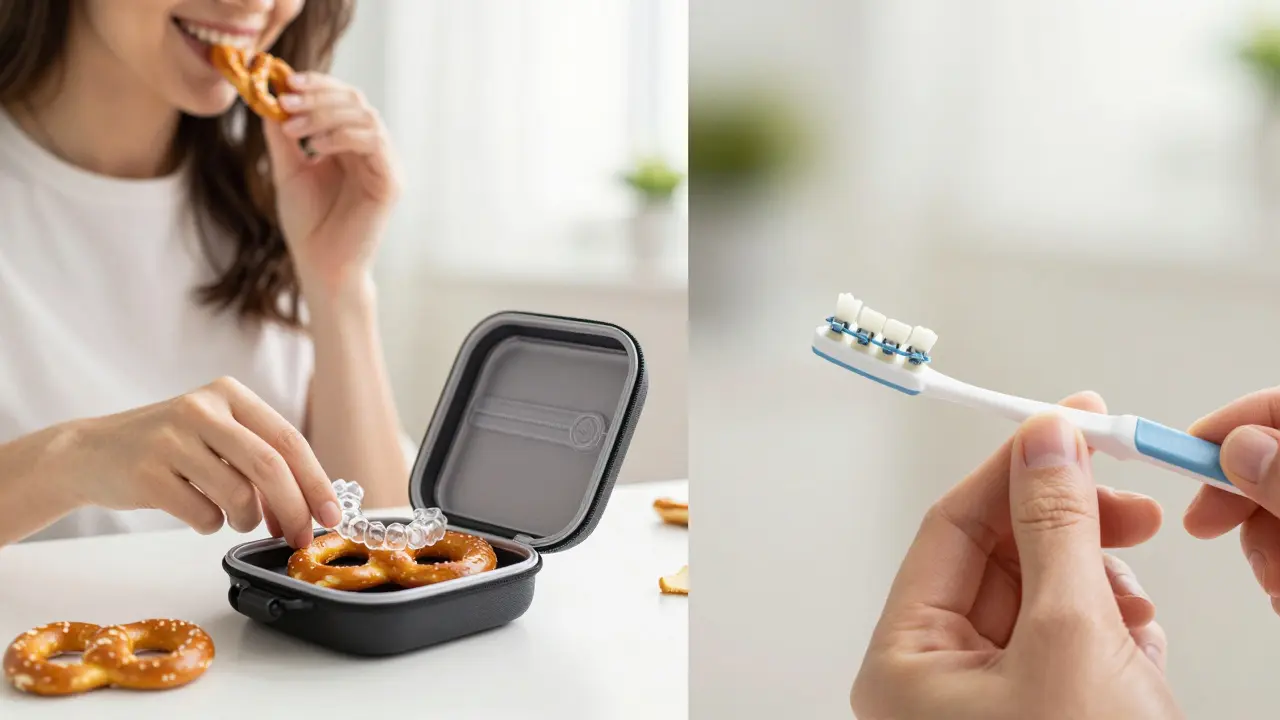 Srovnání každodenního používání průhledných alignerů a keramických záporů.