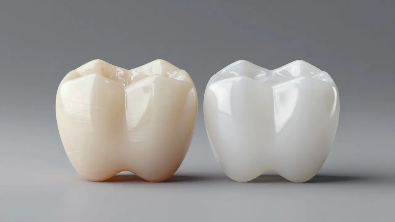 Srovnání struktury kompozitní a keramické fazety v 3D vizualizaci.