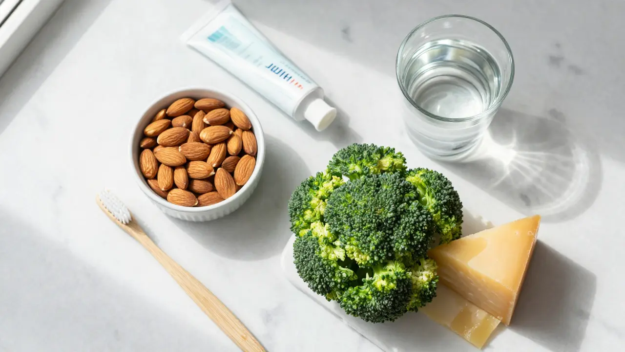 Zdravá strava pro zuby: mandle, brokolice a sýr s měkkým zubním kartáčkem.