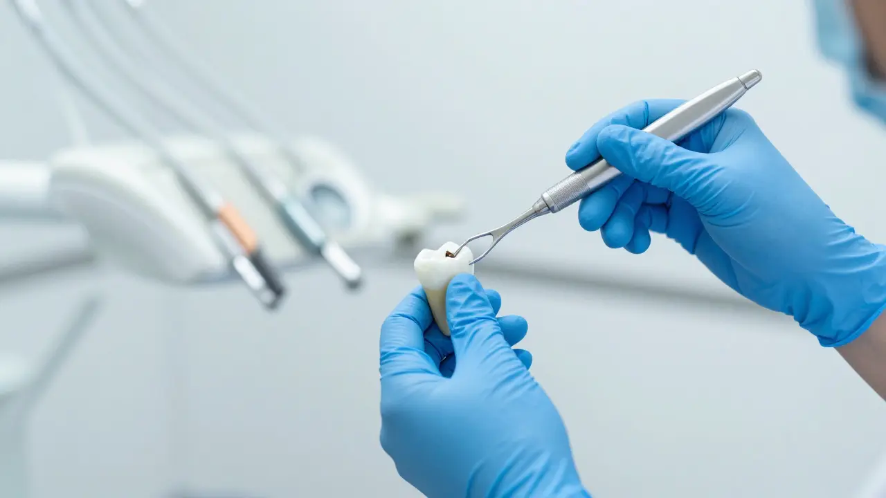 Zubní hygienistka provádí profesionální hloubkové čištění kořenů zubů.