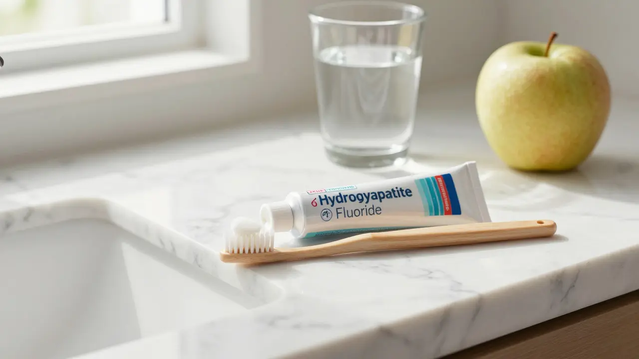 Zubní kartáček a remineralizační zubní pasta na koupelnovém stole.