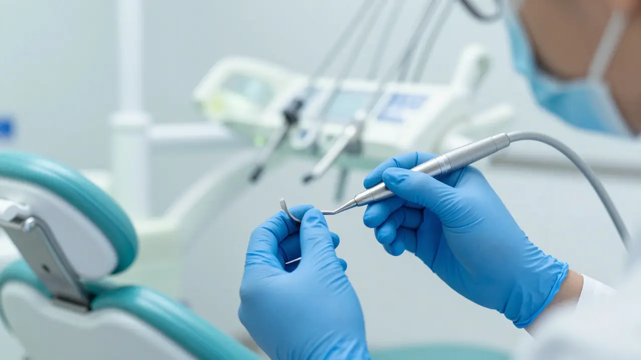 Zubní lékař provádí odbornou kontrolu stability zuba v moderní ordinaci.