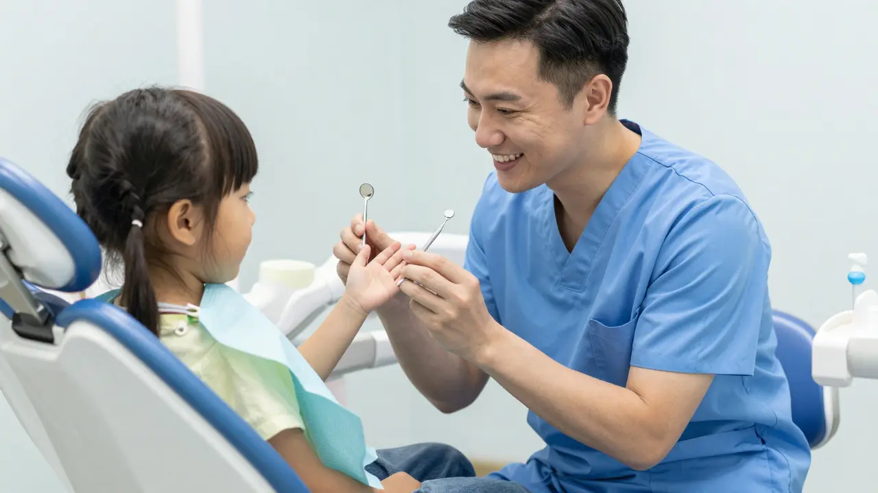 Zubní lékař s dítětem v křesle používá hravou metodu vysvětlení.