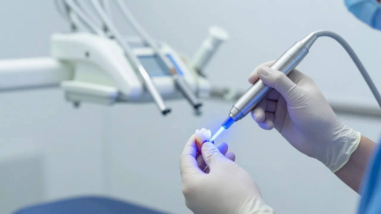 Zubní lékař ztvrzuje novou bílou plombu pomocí modrého světla.