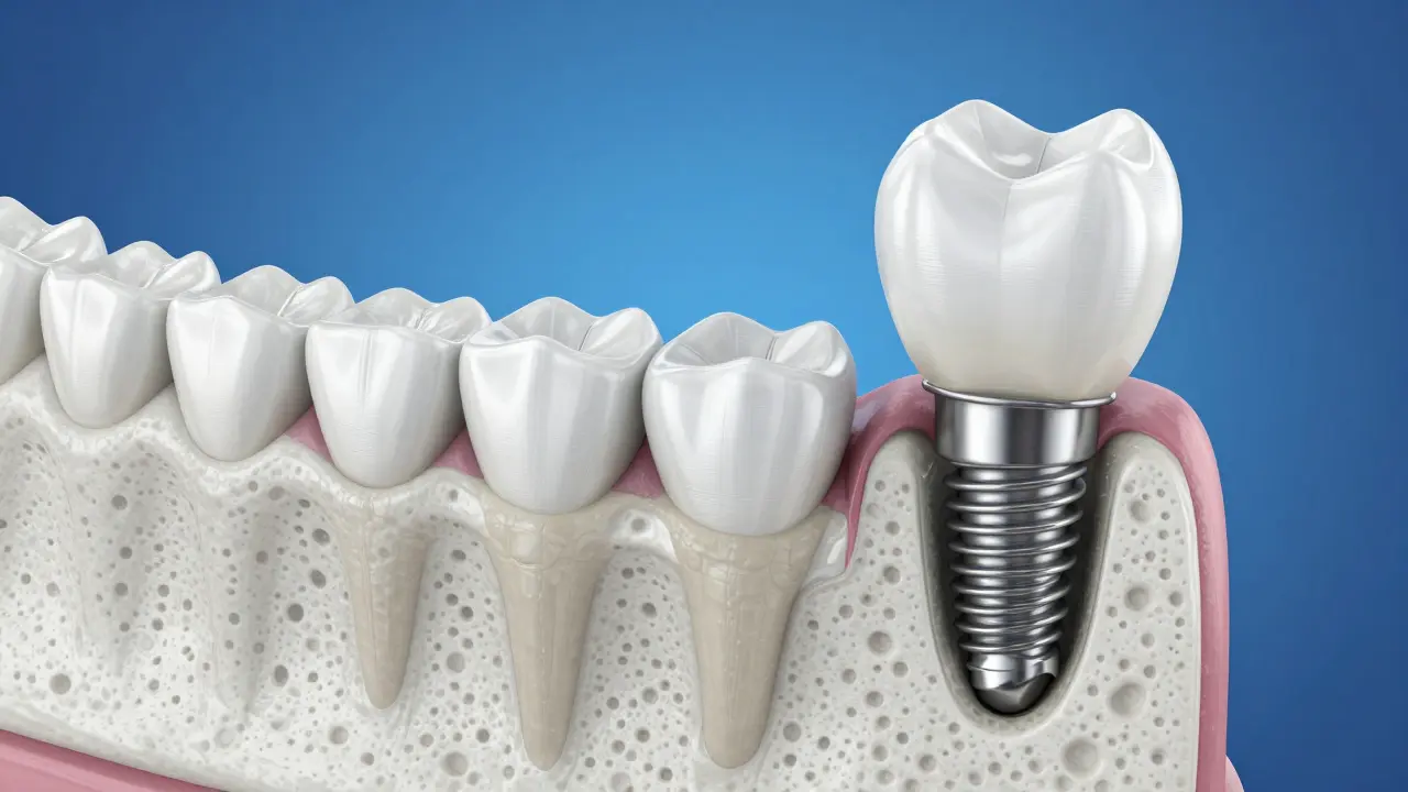 3D ilustrace srovnání rezorpce kosti a titanového implantátu