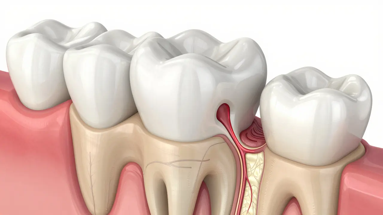 Anatomický řez zubem ukazující nerv a dentinové kanálky