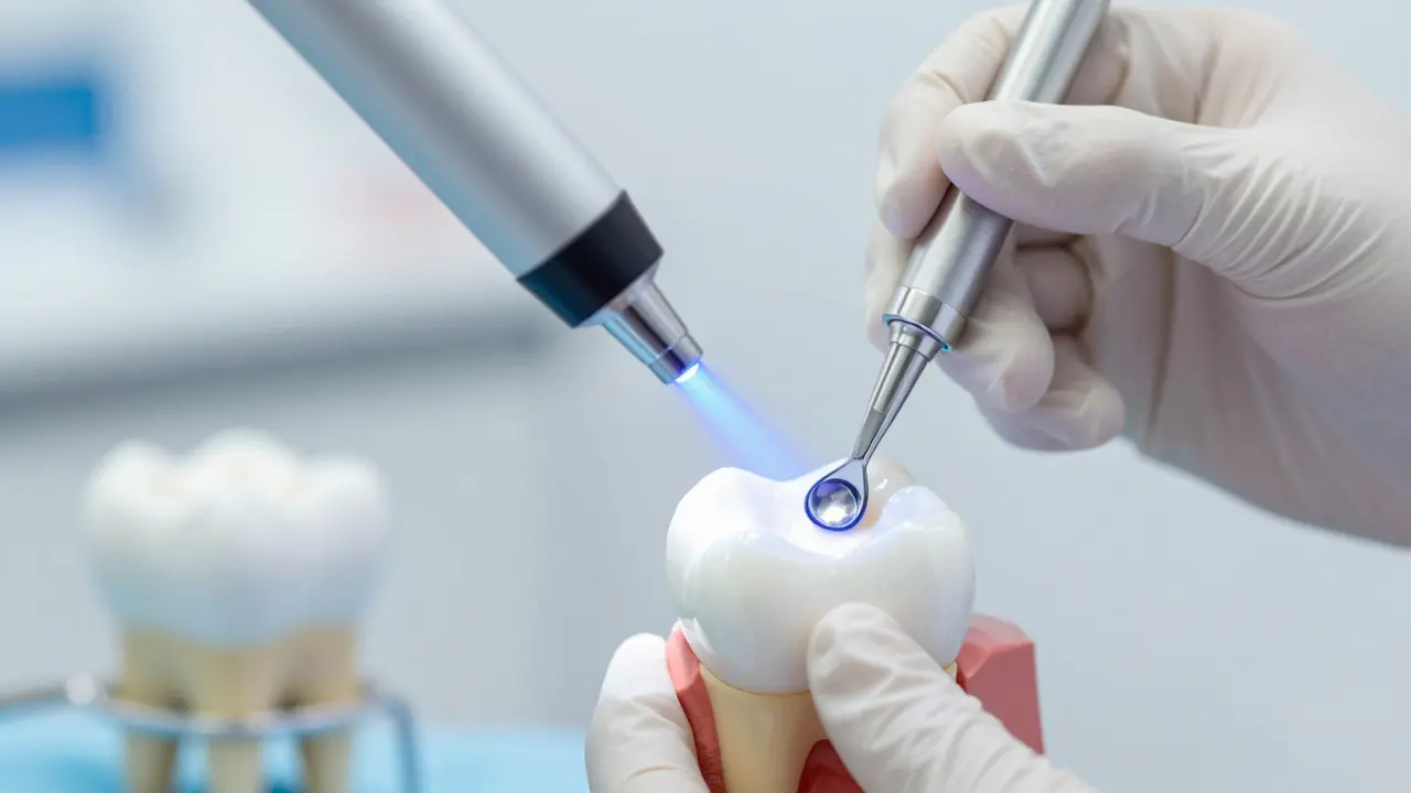 Dentista aplikuje bílou kompozitní výplň s použitím světelného vytvrzovače.