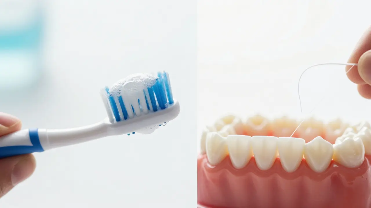 Kartáček pod úhlem a zubní nitka pro prevenci kazu