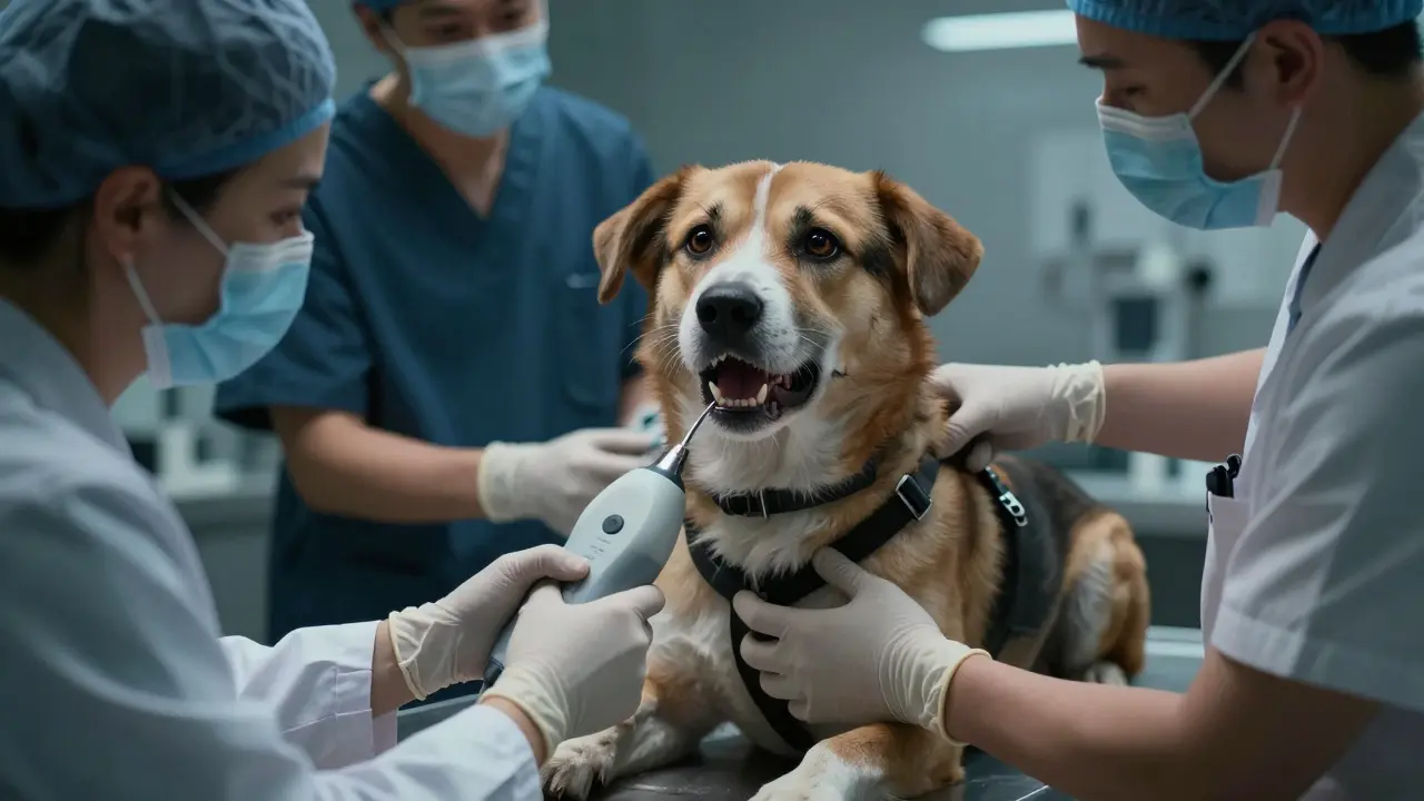 Pes v stresu během čištění zubů bez anestezie na veterinární klinice