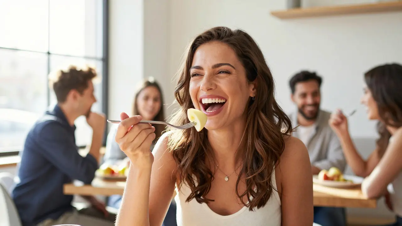 Sebevědomá žena se širokým úsměvem jí v restauraci