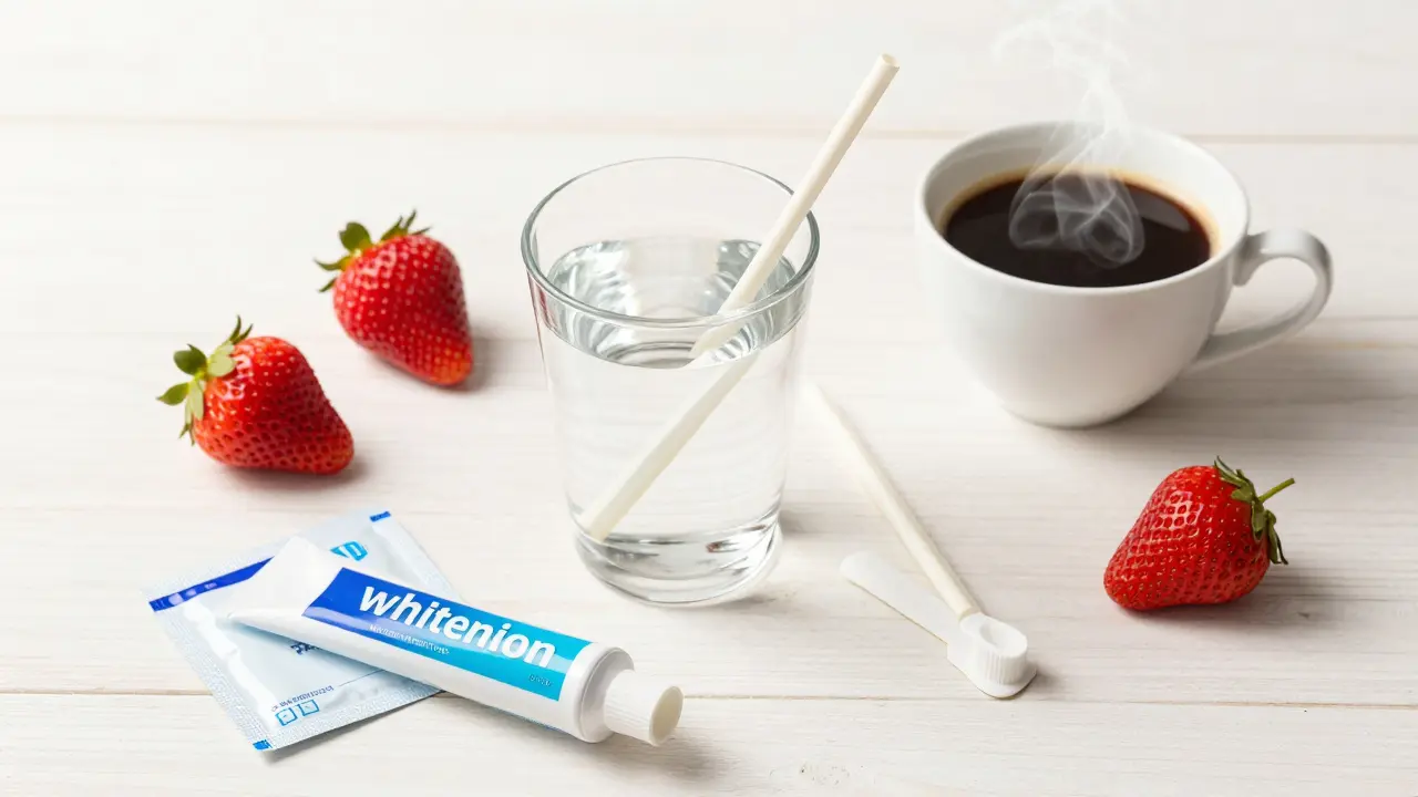 Složení potravin a produktů pro péči o zuby po bělení, včetně vody s brčkem.
