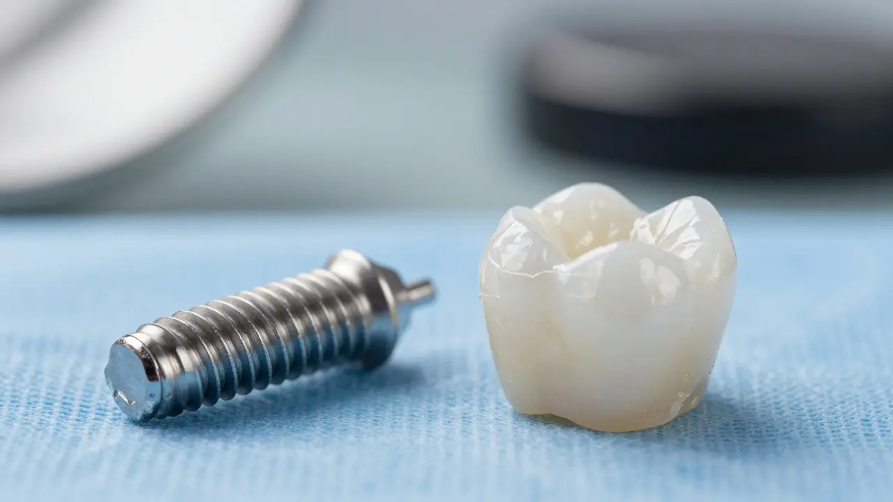 Titanový implantát a keramická korunka na stolu