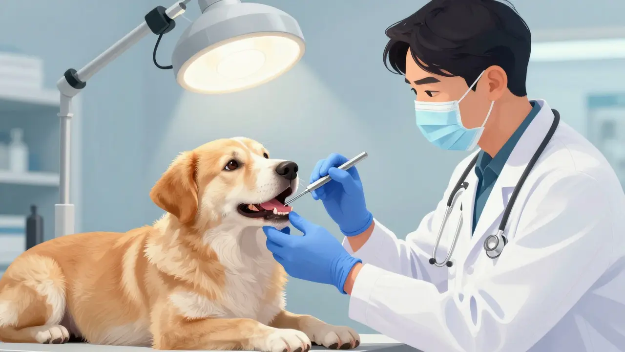 Veterinář vyšetřuje ústa psa za použití profesionálního vybavení v klinice.