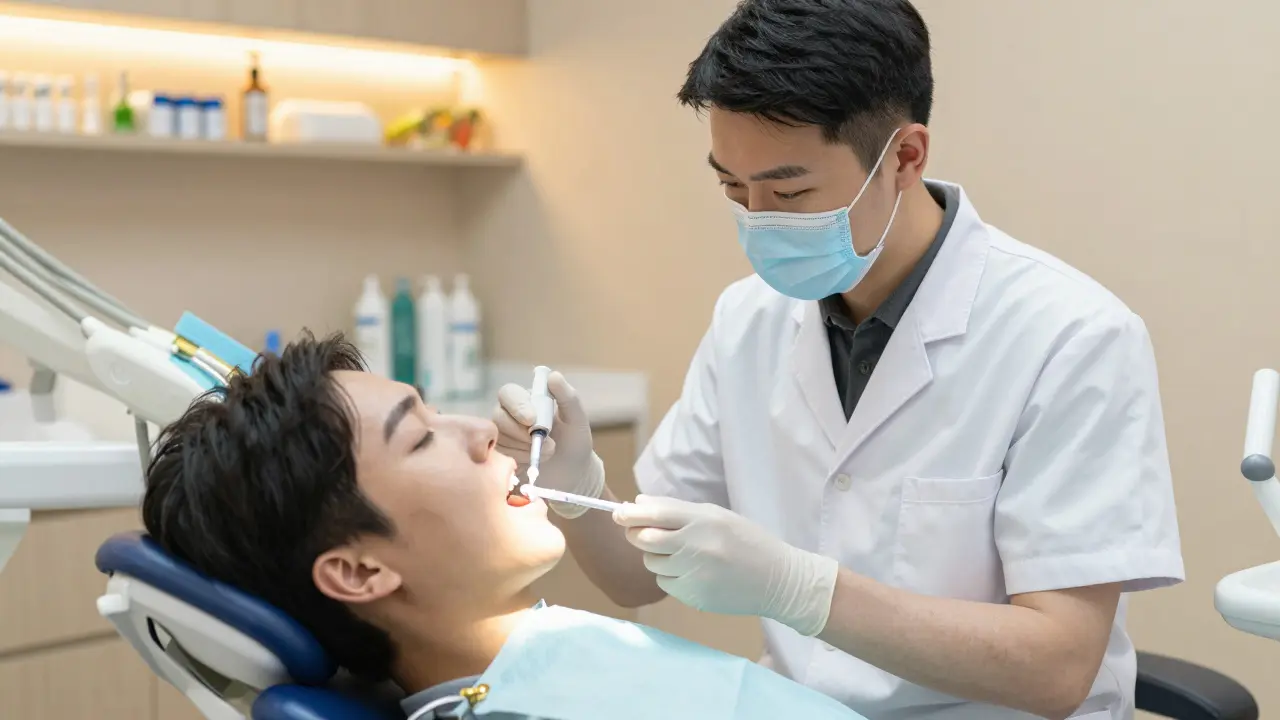 Zubař aplikuje profesionální fluoridový gel na zuby pacienta.