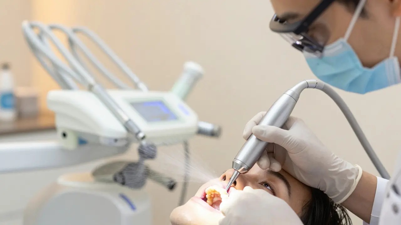Dentista používá ultrazvukový skalpel k čištění zubů v klinice