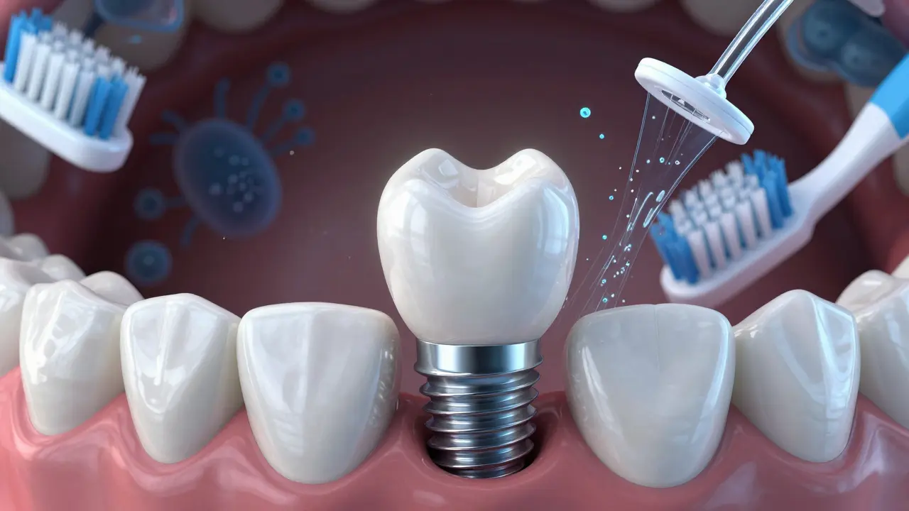Detailní záběr na keramickou korunku implantátu s prvky ústní hygieny
