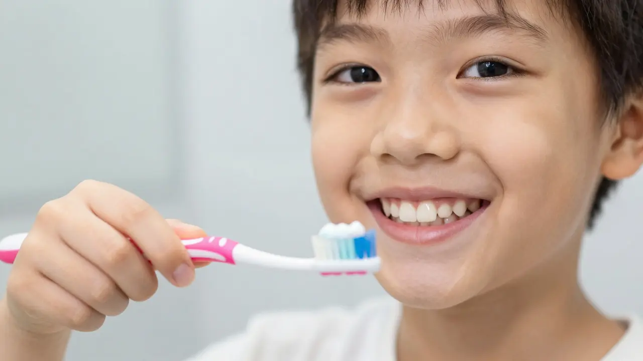 Dítě drží zubní kartáček a fluoridovou pastu