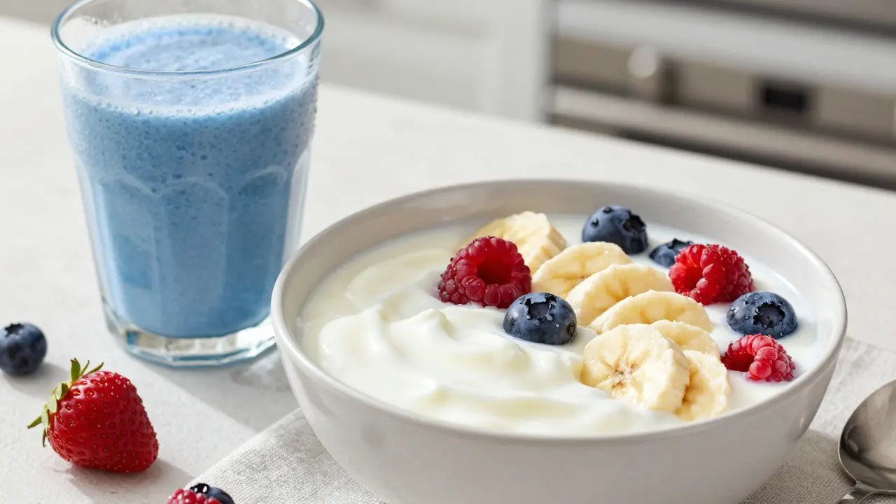Miska jogurtu s banány a smoothie jako příklad měkké stravy při rovnátkách