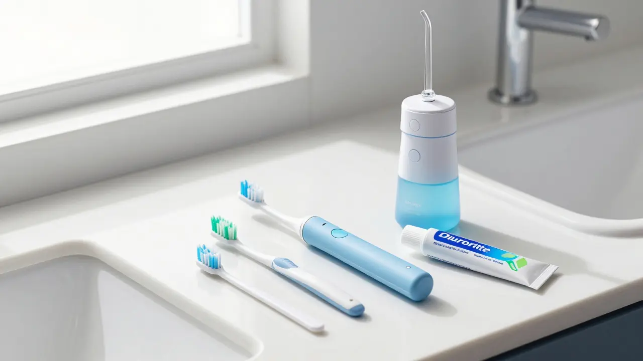 Nástroje na hygienu úst: zubní kartáček, irigátor a fluorid