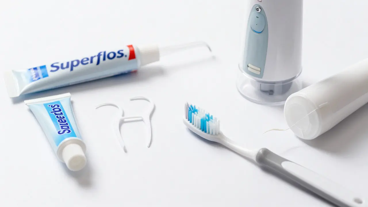Ortodontické hygienické pomůcky: nit, kartáčky a irigátor na bílém pozadí