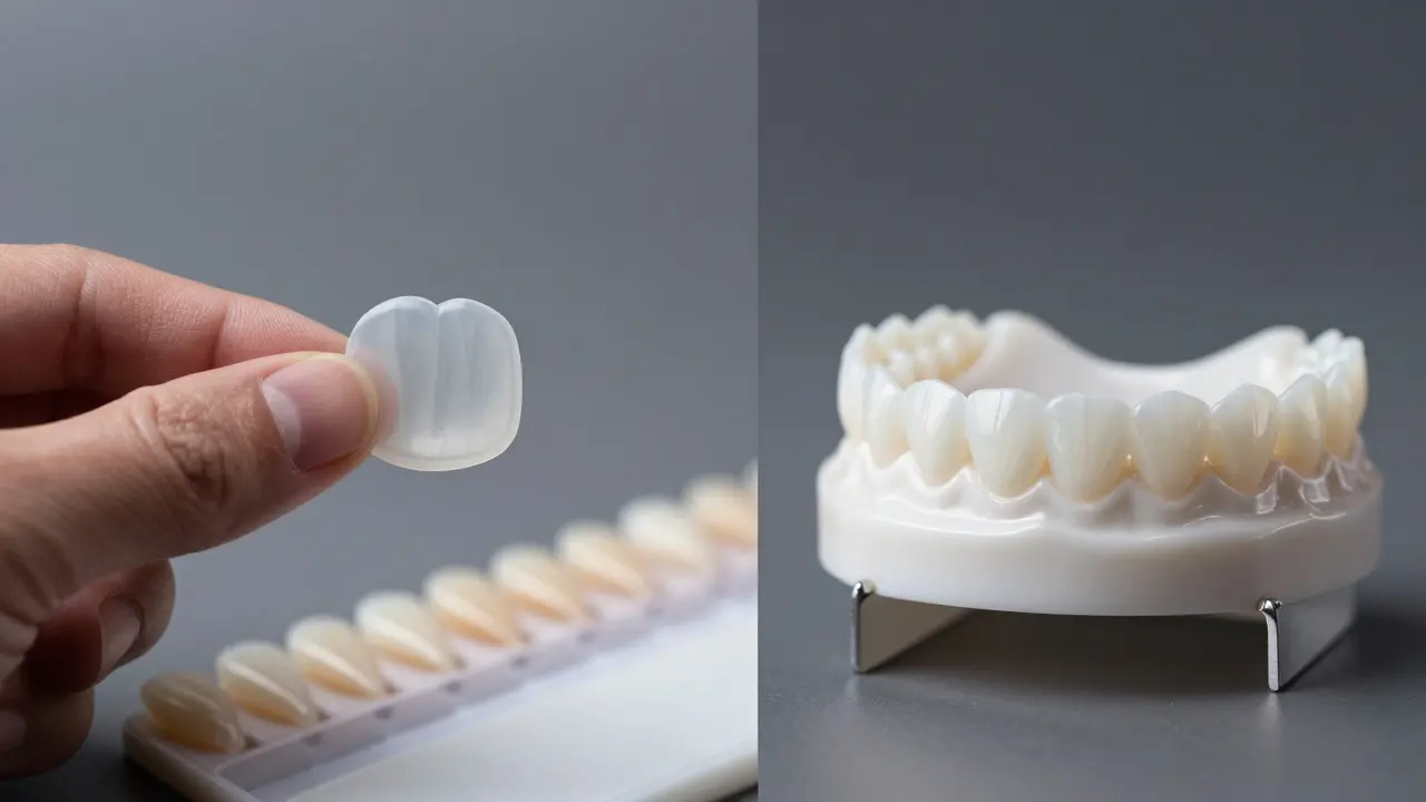 Porovnání kompozitního materiálu a keramické facety v blízkém záběru