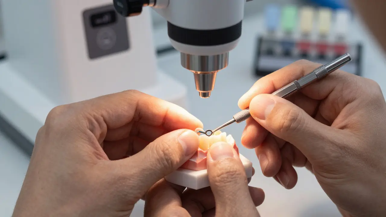 Technik upravuje keramickou fazetu v zubotechnické laboratoři