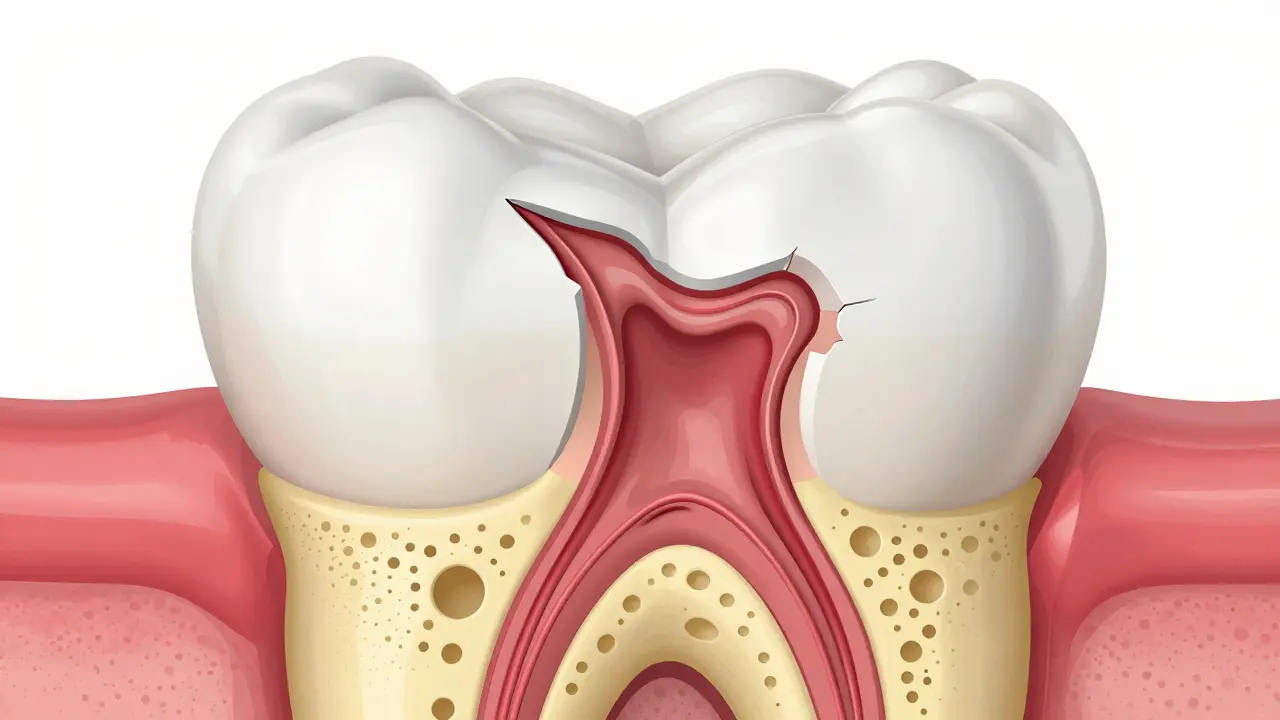 3D ilustrace zubu ukazující odhalený dentin a nerv