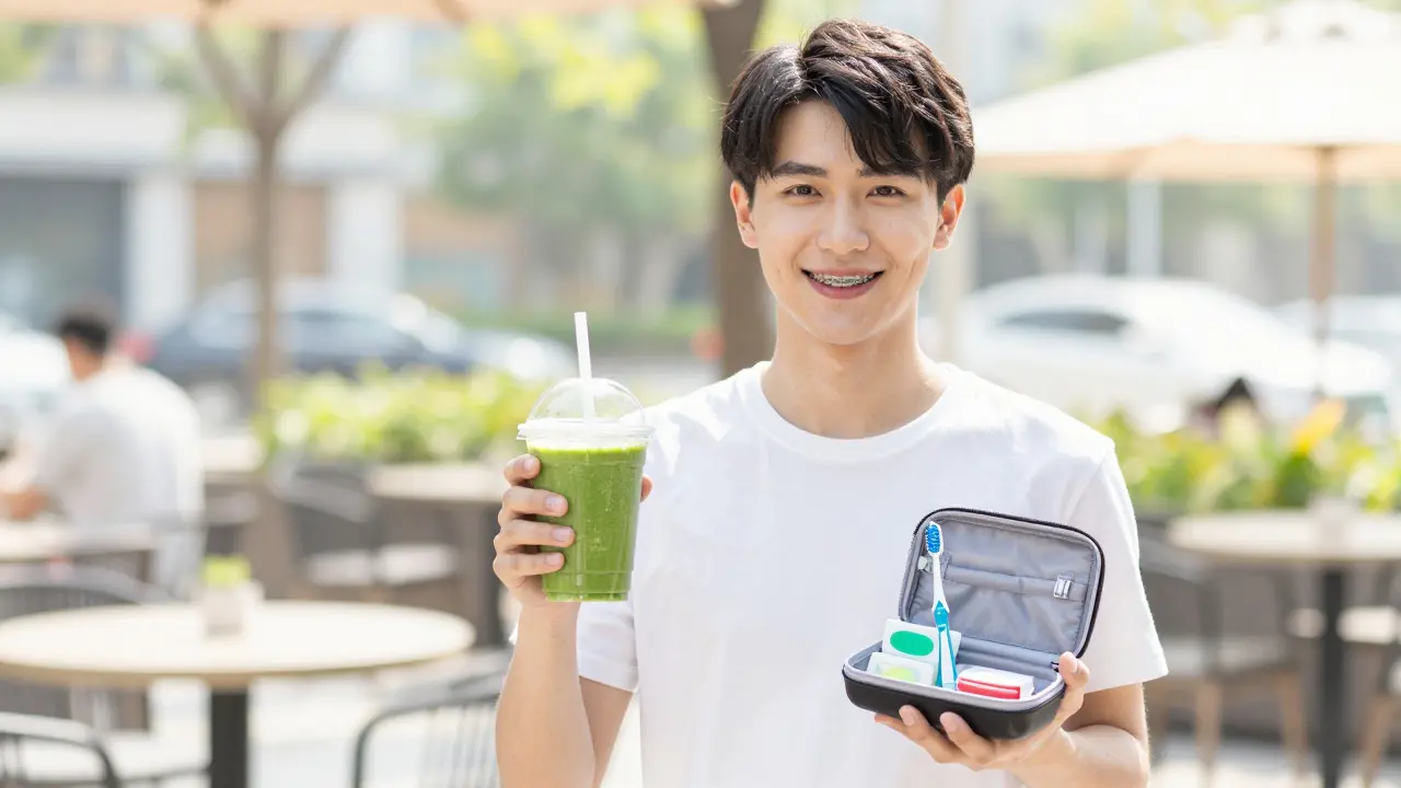 Dospívající s úsměvem drží smoothie a cestovní zubní potřebu