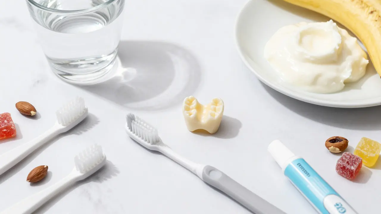 Hygienické potřeby a bezpečné jídlo pro péči po nalepení korunky