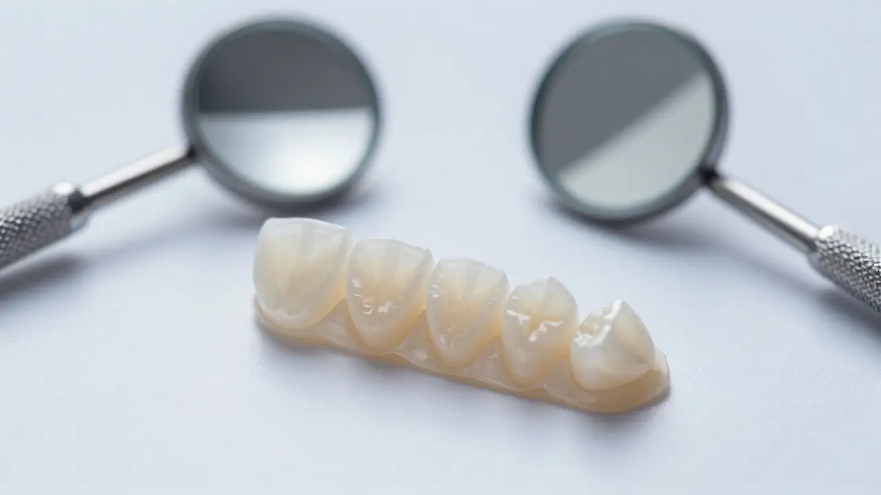 Makro záběr na tenké porcelánové zubní fazety a stomatologické nástroje