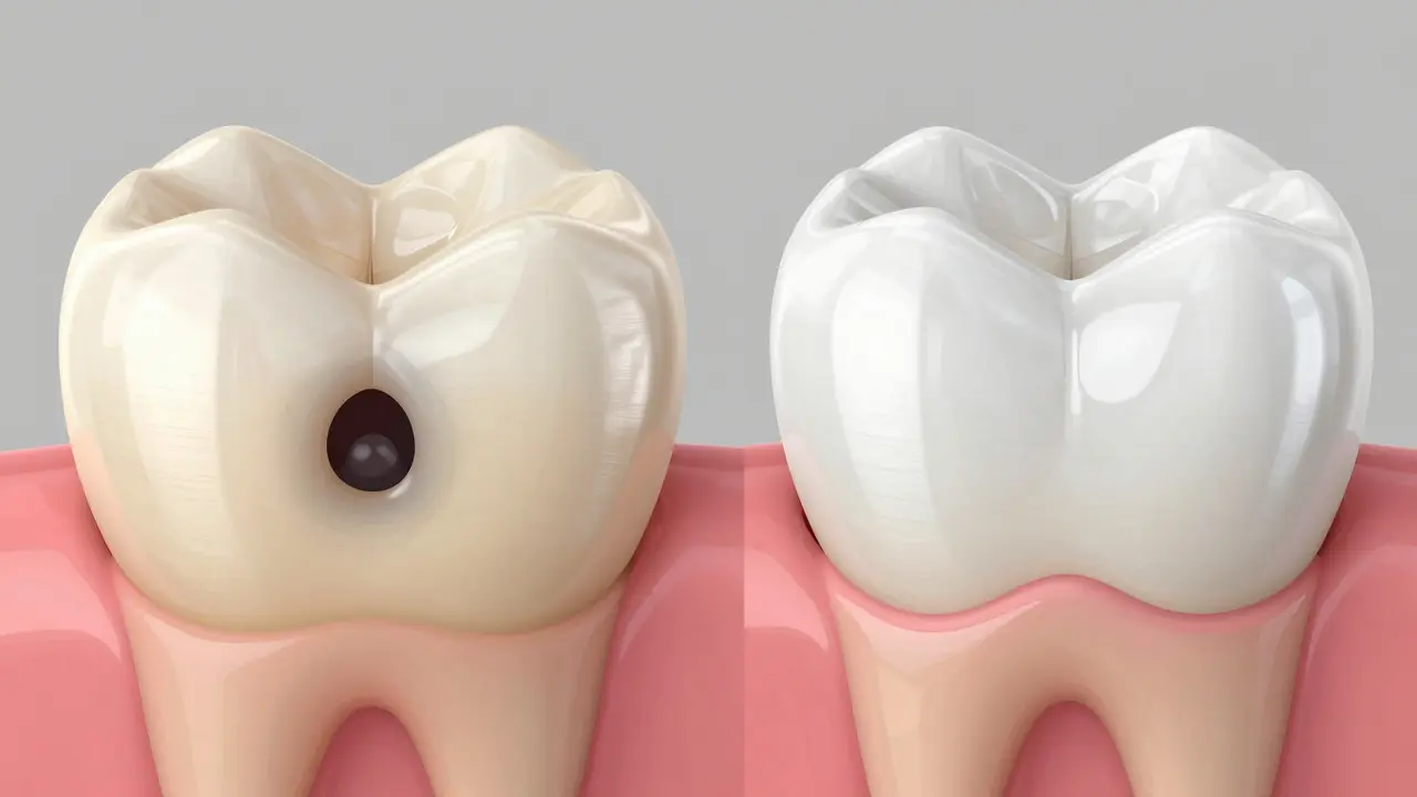 Porovnání kompozitní výplně a porcelánové fazety na řezu zubem