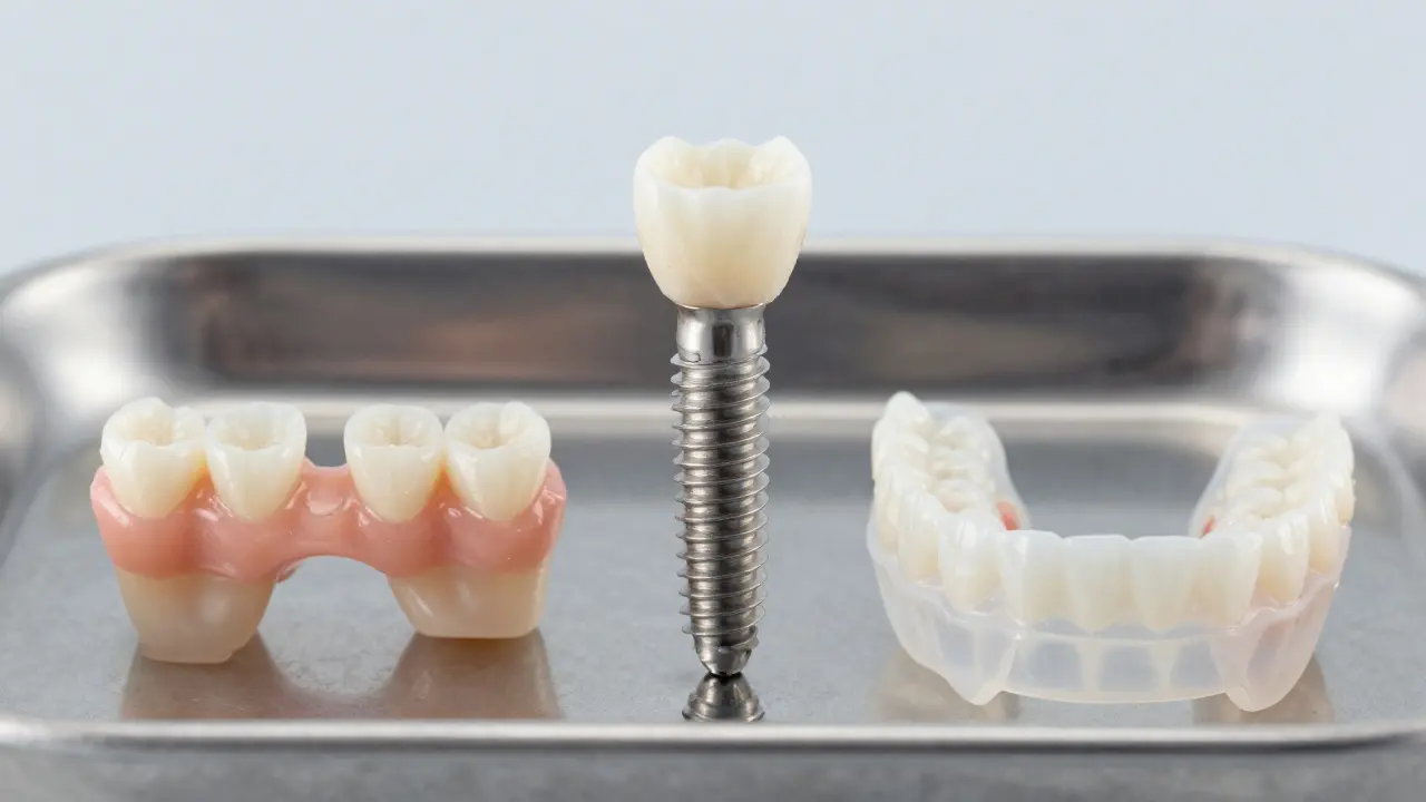 Porovnání zubního implantátu, mostu a částečné protézy na lékařském podnose