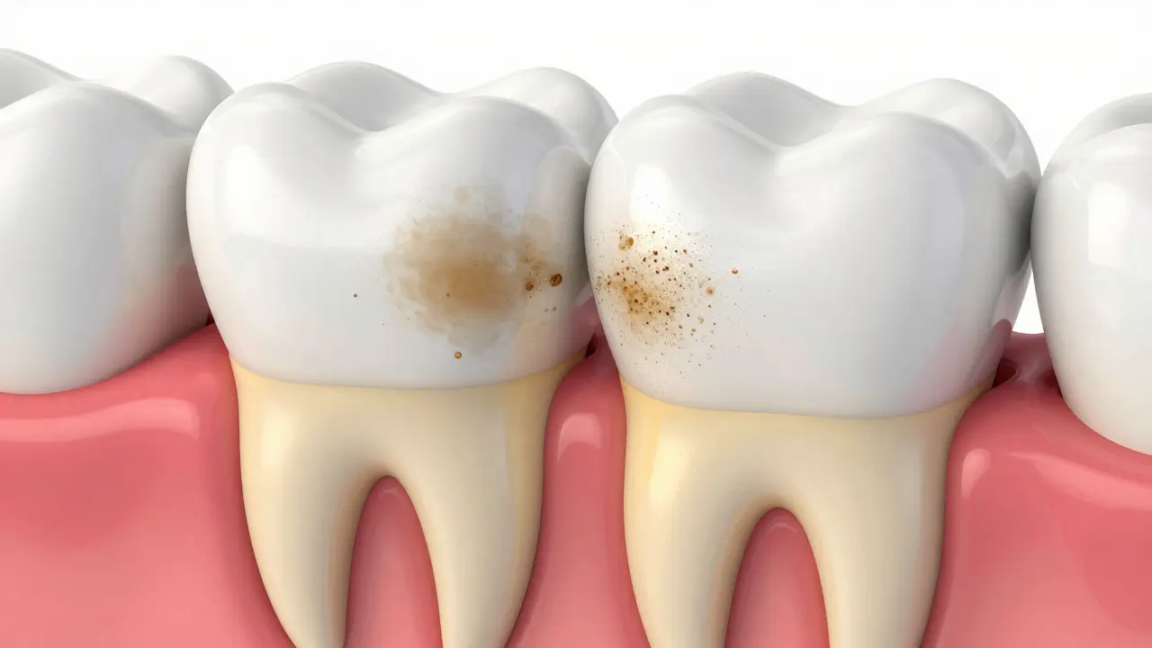 Schéma zubu ukazující povrchové skvrny a žlutý dentin