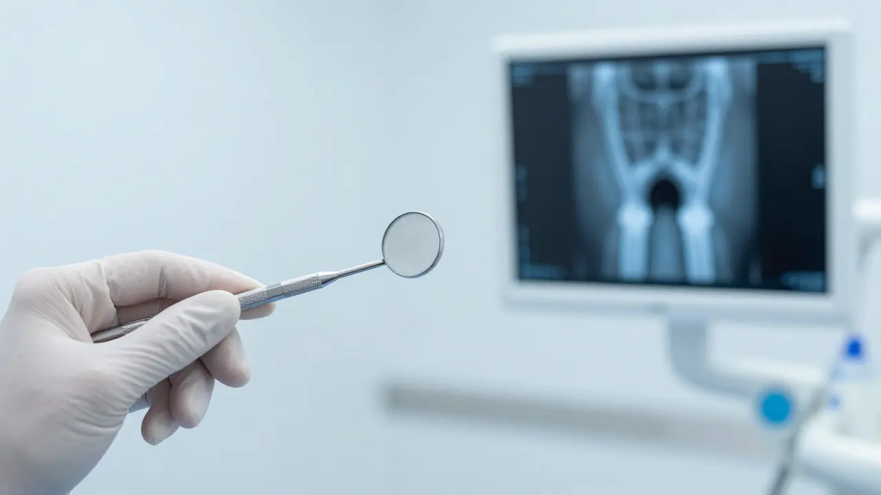 Zubní lékař provádí diagnostiku bolestivosti při tlaku