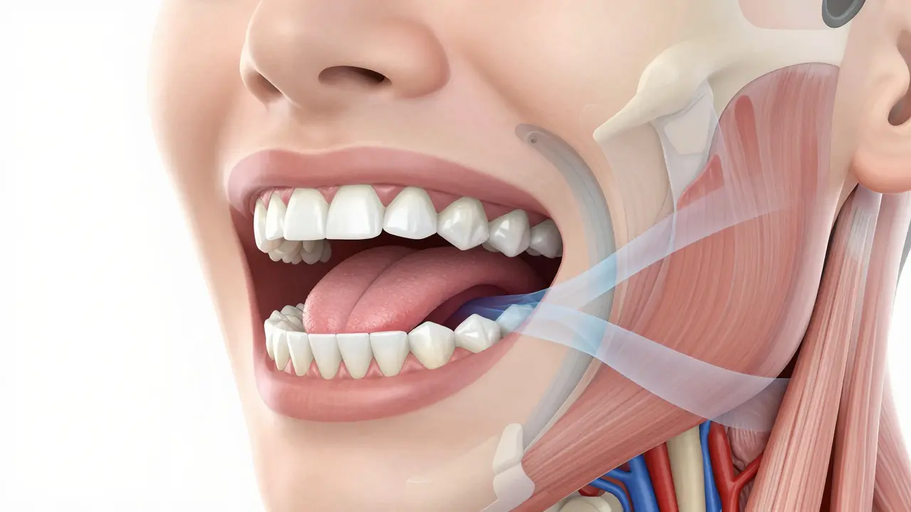Anatomická ilustrace ukazující vliv křivých zubů na dýchání a čelist