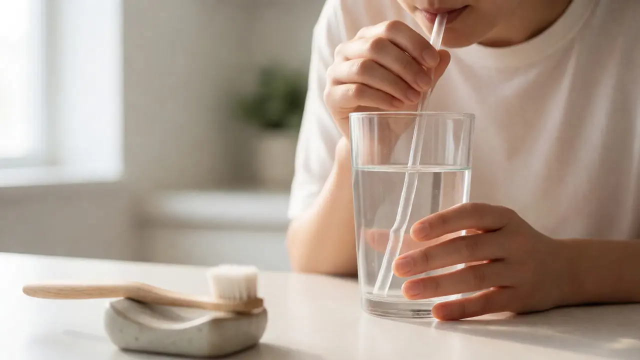 Člověk pije vodu brčkem po jídle pro neutralizaci kyselin