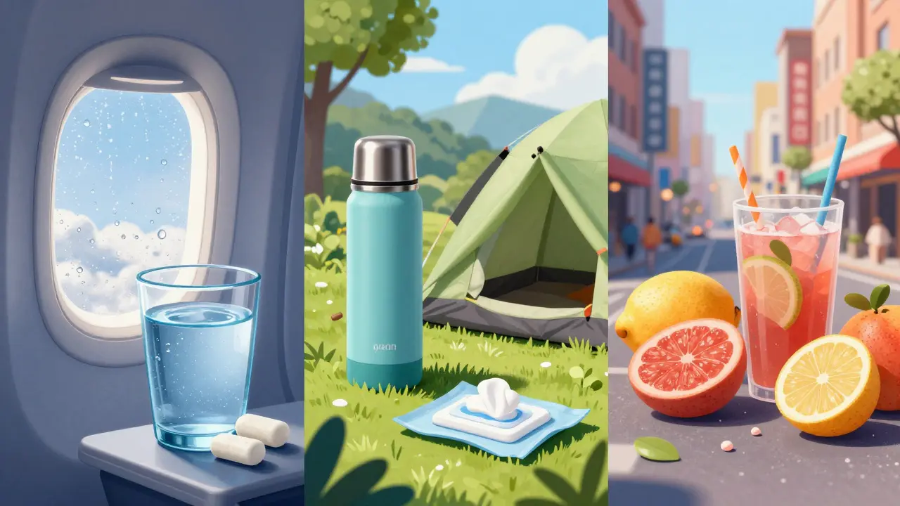 Ilustrace výzev pro ústní hygienu při létání, kempování a městském pobytu