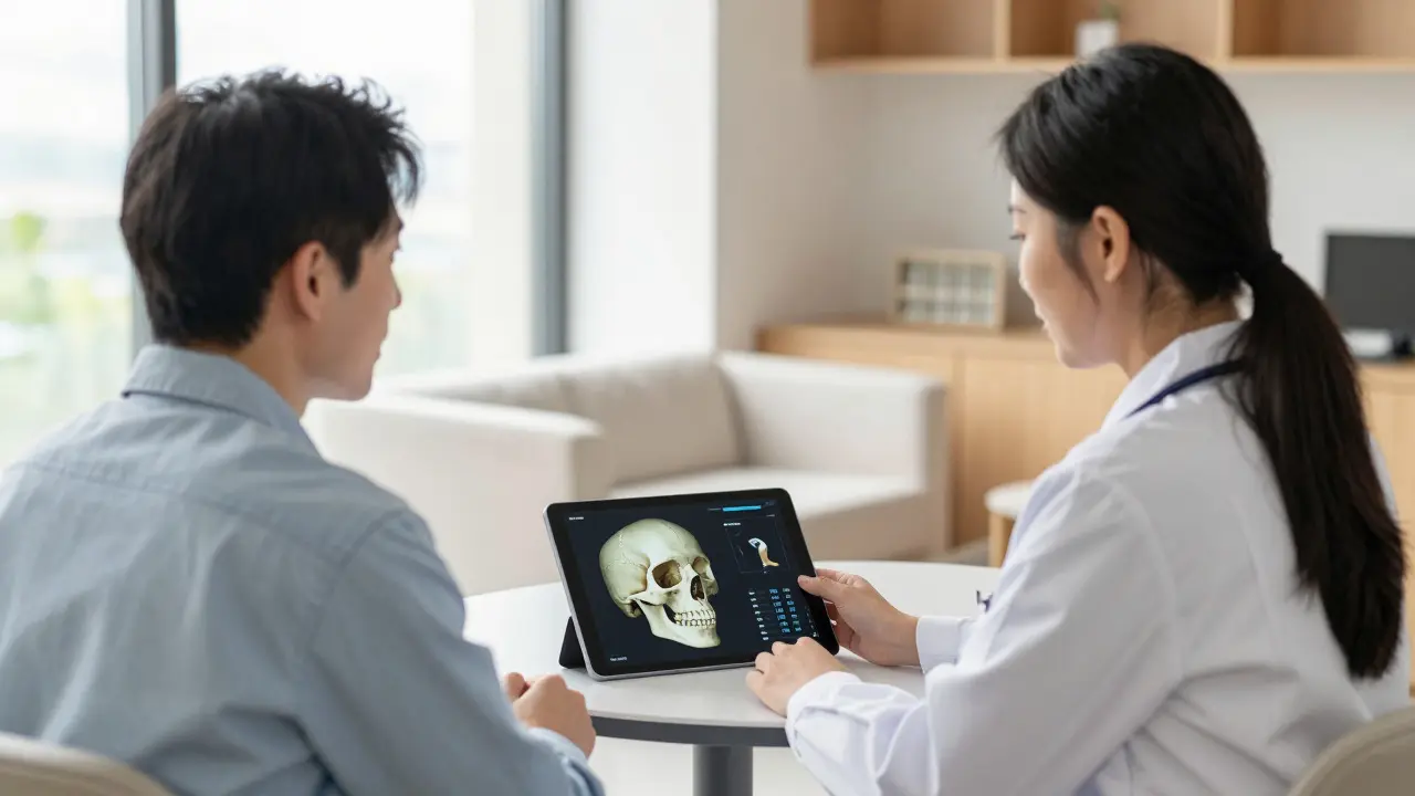 Konzultace pacienta s lékařem u digitálního modelu čelisti