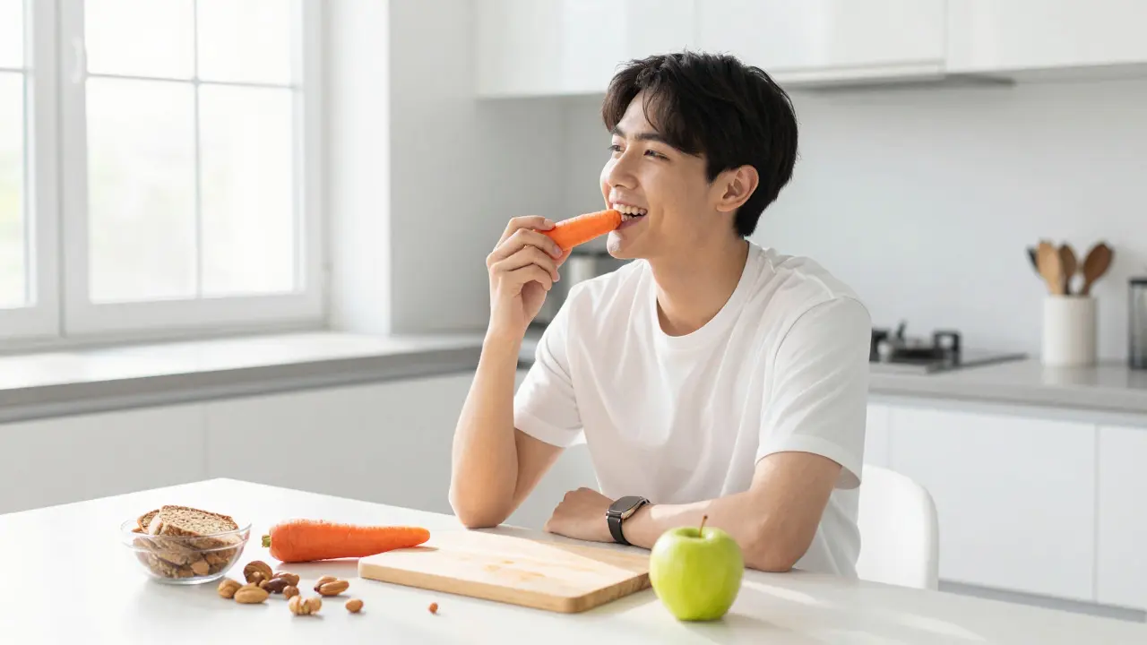 Smiling person eating raw carrot and apple at a sunlit kitchen table with healthy foods