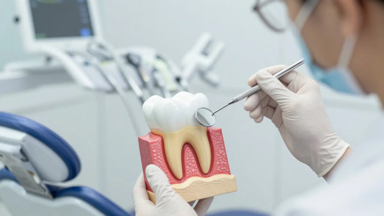 Stomatolog vyšetřuje zub v ordinaci, ilustrace kazu ve vrstvě dentinu