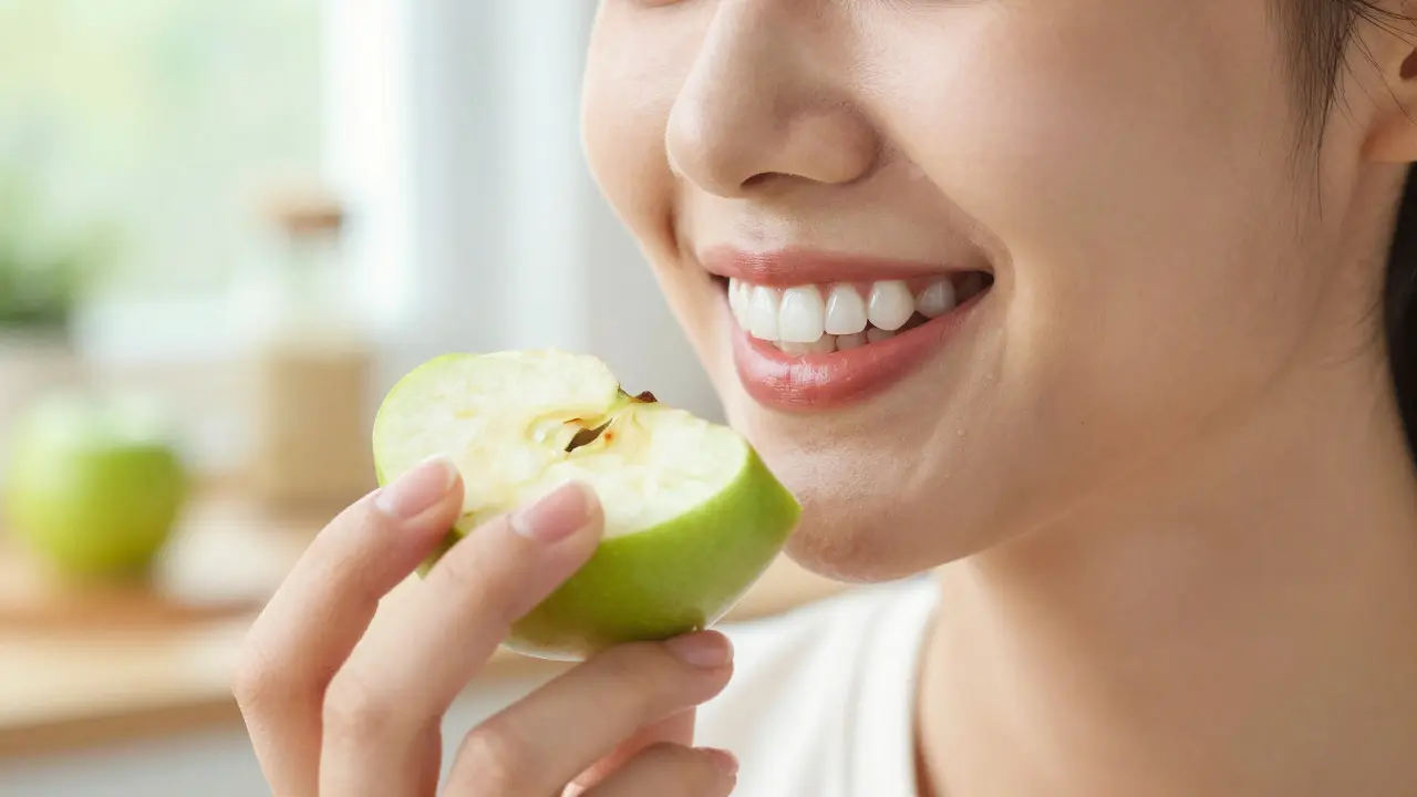 Usměvavá osoba jíst kousek jablka s perfektními bílými zuby